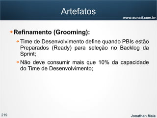 219 Jonathan Maia
www.eunati.com.br
Artefatos
➔ Refinamento (Grooming):
➔ Time de Desenvolvimento define quando PBIs estão
Preparados (Ready) para seleção no Backlog da
Sprint;
➔ Não deve consumir mais que 10% da capacidade
do Time de Desenvolvimento;
 