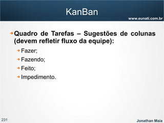 231 Jonathan Maia
www.eunati.com.br
KanBan
➔ Quadro de Tarefas – Sugestões de colunas
(devem refletir fluxo da equipe):
➔ Fazer;
➔ Fazendo;
➔ Feito;
➔ Impedimento.
 