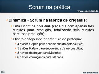 270 Jonathan Maia
www.eunati.com.br
Scrum na prática
➔ Dinâmica - Scrum na fábrica de origamis:
➔ Uma Sprint de dois dias (cada dia com apenas três
minutos para produção, totalizando seis minutos
para toda produção);
➔ Cliente deseja montar estrutura de proteção:
➔ 4 aviões Gripen para encomenda da Aeronáutica;
➔ 5 aviões Rafale para encomenda da Aeronáutica;
➔ 3 navios destroyer para Marinha;
➔ 6 navios couraçados para Marinha.
 