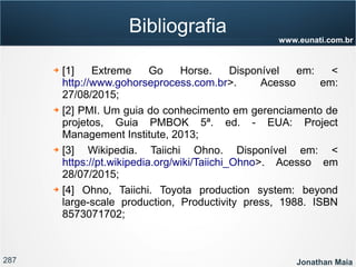 287 Jonathan Maia
www.eunati.com.br
Bibliografia
➔ [1] Extreme Go Horse. Disponível em: <
http://www.gohorseprocess.com.br>. Acesso em:
27/08/2015;
➔ [2] PMI. Um guia do conhecimento em gerenciamento de
projetos, Guia PMBOK 5ª. ed. - EUA: Project
Management Institute, 2013;
➔ [3] Wikipedia. Taiichi Ohno. Disponível em: <
https://pt.wikipedia.org/wiki/Taiichi_Ohno>. Acesso em
28/07/2015;
➔ [4] Ohno, Taiichi. Toyota production system: beyond
large-scale production, Productivity press, 1988. ISBN
8573071702;
 