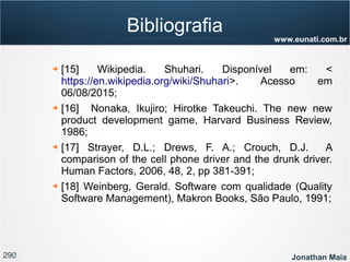 290 Jonathan Maia
www.eunati.com.br
Bibliografia
➔ [15] Wikipedia. Shuhari. Disponível em: <
https://en.wikipedia.org/wiki/Shuhari>. Acesso em
06/08/2015;
➔ [16] Nonaka, Ikujiro; Hirotke Takeuchi. The new new
product development game, Harvard Business Review,
1986;
➔ [17] Strayer, D.L.; Drews, F. A.; Crouch, D.J. A
comparison of the cell phone driver and the drunk driver.
Human Factors, 2006, 48, 2, pp 381-391;
➔ [18] Weinberg, Gerald. Software com qualidade (Quality
Software Management), Makron Books, São Paulo, 1991;
 