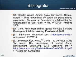 293 Jonathan Maia
www.eunati.com.br
Bibliografia
➔ [29] Coulter Wright, James; Alves Giovinazzo, Renata.
Delphi – Uma ferramenta de apoio ao planejamento
prospectivo. Caderno de Pesquisas em Administração,
Universidade de São Paulo, V. 01, nº 12, 2ª Trimestre
2000;
➔ [30] Cohn, Mike. User Stories Applied For Agile Software
Development. Addison-Wesley Professional, 2004;
➔ [31] EduScrum. Disponível em: <http://eduscrum.nl>.
Acesso em 15/10/2015;
➔ [32] Schwaber, Ken. NexusTM
Guide: The Definitive Guide
To Nexus: The exoskeleton of scaled Scrum
Development, Scrum.Org, 2015. Disponível em: <
https://www.scrum.org/Portals/0/NexusGuide%20v1.1.pdf
>. Acesso em 17/10/2015;
 