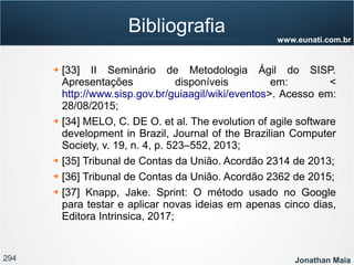 294 Jonathan Maia
www.eunati.com.br
Bibliografia
➔ [33] II Seminário de Metodologia Ágil do SISP.
Apresentações disponíveis em: <
http://www.sisp.gov.br/guiaagil/wiki/eventos>. Acesso em:
28/08/2015;
➔ [34] MELO, C. DE O. et al. The evolution of agile software
development in Brazil, Journal of the Brazilian Computer
Society, v. 19, n. 4, p. 523–552, 2013;
➔ [35] Tribunal de Contas da União. Acordão 2314 de 2013;
➔ [36] Tribunal de Contas da União. Acordão 2362 de 2015;
➔ [37] Knapp, Jake. Sprint: O método usado no Google
para testar e aplicar novas ideias em apenas cinco dias,
Editora Intrinsica, 2017;
 