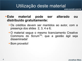 4 Jonathan Maia
www.eunati.com.br
Utilização deste material
➔ Este material pode ser alterado ou
distribuído gratuitamente:
➔ Os créditos devem ser mantidos ao autor, com a
presença dos slides 2, 3, 4 e 6;
➔ O material segue o mesmo licenciamento Creative
Commons do ScrumTM
: que a gestão ágil seja
disseminada!
➔ Bom proveito!
 
