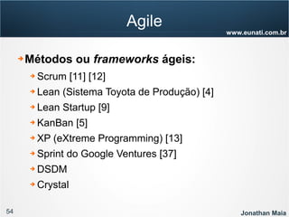 54 Jonathan Maia
www.eunati.com.br
Agile
➔ Métodos ou frameworks ágeis:
➔ Scrum [11] [12]
➔ Lean (Sistema Toyota de Produção) [4]
➔ Lean Startup [9]
➔ KanBan [5]
➔ XP (eXtreme Programming) [13]
➔ Sprint do Google Ventures [37]
➔ DSDM
➔ Crystal
 