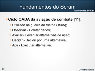 79 Jonathan Maia
www.eunati.com.br
Fundamentos do Scrum
➔ Ciclo OADA da aviação de combate [11]:
➔ Utilizado na guerra do Vietnã (1965);
➔ Observar - Coletar dados;
➔ Avaliar - Levantar alternativas de ação;
➔ Decidir - Decidir por uma alternativa;
➔ Agir - Executar alternativa;
 