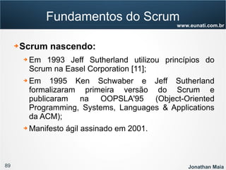 89 Jonathan Maia
www.eunati.com.br
Fundamentos do Scrum
➔ Scrum nascendo:
➔ Em 1993 Jeff Sutherland utilizou princípios do
Scrum na Easel Corporation [11];
➔ Em 1995 Ken Schwaber e Jeff Sutherland
formalizaram primeira versão do Scrum e
publicaram na OOPSLA'95 (Object-Oriented
Programming, Systems, Languages & Applications
da ACM);
➔ Manifesto ágil assinado em 2001.
 