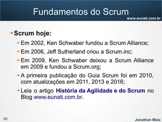 90 Jonathan Maia
www.eunati.com.br
Fundamentos do Scrum
➔ Scrum hoje:
➔ Em 2002, Ken Schwaber fundou a Scrum Alliance;
➔ Em 2006, Jeff Sutherland criou a Scrum.inc;
➔ Em 2009, Ken Schwaber deixou a Scrum Alliance
em 2009 e fundou a Scrum.org;
➔ A primeira publicação do Guia Scrum foi em 2010,
com atualizações em 2011, 2013 e 2016;
➔ Leia o artigo História da Agilidade e do Scrum no
Blog www.eunati.com.br.
 