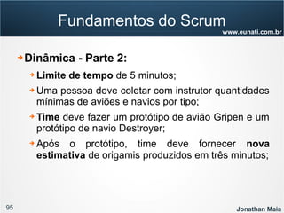 95 Jonathan Maia
www.eunati.com.br
Fundamentos do Scrum
➔ Dinâmica - Parte 2:
➔ Limite de tempo de 5 minutos;
➔ Uma pessoa deve coletar com instrutor quantidades
mínimas de aviões e navios por tipo;
➔ Time deve fazer um protótipo de avião Gripen e um
protótipo de navio Destroyer;
➔ Após o protótipo, time deve fornecer nova
estimativa de origamis produzidos em três minutos;
 