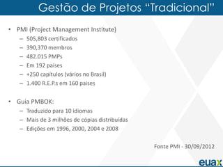 Gestão de Projetos “Tradicional”
• PMI (Project Management Institute)
   –   505,803 certificados
   –   390,370 membros
   –   482.015 PMPs
   –   Em 192 países
   –   +250 capítulos (vários no Brasil)
   –   1.400 R.E.P.s em 160 paises

• Guia PMBOK:
   – Traduzido para 10 idiomas
   – Mais de 3 milhões de cópias distribuídas
   – Edições em 1996, 2000, 2004 e 2008

                                                Fonte PMI - 30/09/2012
 