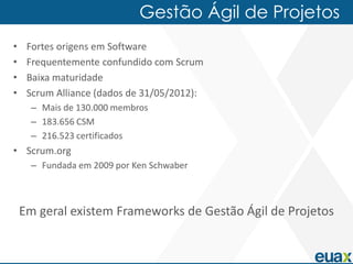 Gestão Ágil de Projetos
•    Fortes origens em Software
•    Frequentemente confundido com Scrum
•    Baixa maturidade
•    Scrum Alliance (dados de 31/05/2012):
      – Mais de 130.000 membros
      – 183.656 CSM
      – 216.523 certificados
• Scrum.org
      – Fundada em 2009 por Ken Schwaber



    Em geral existem Frameworks de Gestão Ágil de Projetos
 