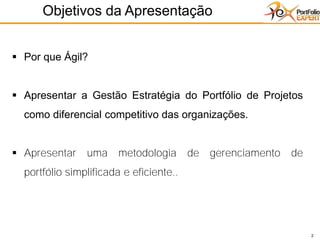 2
Objetivos da Apresentação
▪ Por que Ágil?
▪ Apresentar a Gestão Estratégia do Portfólio de Projetos
como diferencial competitivo das organizações.
▪ Apresentar uma metodologia de gerenciamento de
portfólio simplificada e eficiente..
 