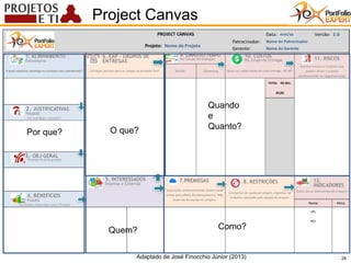 26
Project Canvas
26
Por que? O que?
Quem? Como?
Quando
e
Quanto?
Adaptado de José Finocchio Júnior (2013)
 
