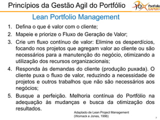7
1. Defina o que é valor com o cliente;
2. Mapeie e priorize o Fluxo de Geração de Valor;
3. Crie um fluxo contínuo de valor: Elimine os desperdícios,
focando nos projetos que agregam valor ao cliente ou são
necessários para a manutenção do negócio, otimizando a
utilização dos recursos organizacionais;
4. Responda às demandas do cliente (produção puxada). O
cliente puxa o fluxo de valor, reduzindo a necessidade de
projetos e outros trabalhos que não são necessários aos
negócios;
5. Busque a perfeição. Melhoria contínua do Portfólio na
adequação às mudanças e busca da otimização dos
resultados.
Princípios da Gestão Agil do Portfólio
7
Lean Portfolio Management
Adaptado de Lean Project Management
(Womack e Jones, 1996)
 