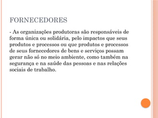 FORNECEDORES
- As organizações produtoras são responsáveis de
forma única ou solidária, pelo impactos que seus
produtos e processos ou que produtos e processos
de seus fornecedores de bens e serviços possam
gerar não só no meio ambiente, como também na
segurança e na saúde das pessoas e nas relações
sociais de trabalho.
 