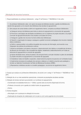 anexo       a
                                                                                                              voltar sumário


Afectação de recursos humanos

1. Responsabilidades do professor bibliotecário – artigo 3º da Portaria n.º 756/2009 de 14 de Julho:


   1 – Ao professor bibliotecário cabe, com apoio da equipa da biblioteca escolar, a gestão da biblioteca da
   escola não agrupada ou do conjunto das bibliotecas das escolas do agrupamento.
   2 – Sem prejuízo de outras tarefas a definir em regulamento interno, compete ao professor bibliotecário:
       a) Assegurar serviço de biblioteca para todos os alunos do agrupamento ou da escola não agrupada;
       b) Promover a articulação das atividades da biblioteca com os objetivos do projeto educativo, do projeto
       curricular de agrupamento/escola e dos projetos curriculares de turma;
       c) Assegurar a gestão dos recursos humanos afetos à(s) biblioteca(s);
       d) Garantir a organização do espaço e assegurar a gestão funcional e pedagógica dos recursos materiais
       afetos à biblioteca;
       e) Definir e operacionalizar uma política de gestão dos recursos de informação, promovendo a sua
       integração nas práticas de professores e alunos;
       f) Apoiar as atividades curriculares e favorecer o desenvolvimento dos hábitos e competências de leitura,
       da literacia da informação e das competências digitais, trabalhando colaborativamente com todas as
       estruturas do agrupamento ou escola não agrupada;
       g) Apoiar atividades livres, extracurriculares e de enriquecimento curricular incluídas no plano de atividades
       ou projeto educativo do agrupamento ou da escola não agrupada;
       h) Estabelecer redes de trabalho cooperativo, desenvolvendo projectos de parceria com entidades locais;
       i) Implementar processos de avaliação dos serviços e elaborar um relatório anual de auto-avaliação a
       remeter ao Gabinete Coordenador da Rede de Bibliotecas Escolares (GRBE);
       j) Representar a biblioteca escolar no conselho pedagógico, nos termos do regulamento interno.




2. Equipa que coadjuva os professores bibliotecários, de acordo com o artigo 4.º da Portaria n.º 756/2009 de 14 de
julho.
3. Afetação de um ou mais assistentes operacionais, consoante as populações escolares servidas.
4. Afetação de tempos (sempre que possível) a um professor do agrupamento:
  ● Coordenador     de estabelecimento do 1.º CEB/JI, quando este se encontra dispensado de turma;
  ● Professor,   de acordo com a gestão do crédito horário do agrupamento;
  ● Outros.

5. Outras situações:
  ● Articulação   com a autarquia na afetação de recursos;
  ● Exploração    de situações de colaboração com os pais ou com outros agentes da comunidade.




                                                       Para uma gestão integrada da biblioteca escolar do agrupamento ● 16
 