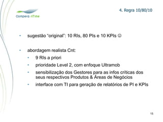 4. Regra 10/80/10
15
• sugestão “original”: 10 RIs, 80 PIs e 10 KPIs 
• abordagem realista Cnt:
• 9 RIs a priori
• prioridade Level 2, com enfoque Ultramob
• sensibilização dos Gestores para as infos críticas dos
seus respectivos Produtos & Áreas de Negócios
• interface com TI para geração de relatórios de PI e KPIs
 