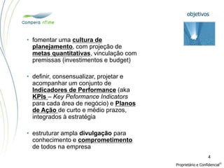 • fomentar uma cultura de
planejamento, com projeção de
metas quantitativas, vinculação com
premissas (investimentos e budget)
• definir, consensualizar, projetar e
acompanhar um conjunto de
Indicadores de Performance (aka
KPIs – Key Peformance Indicators
para cada área de negócio) e Planos
de Ação de curto e médio prazos,
integrados à estratégia
• estruturar ampla divulgação para
conhecimento e comprometimento
de todos na empresa
objetivos
Proprietário e Confidencial
©
4
 