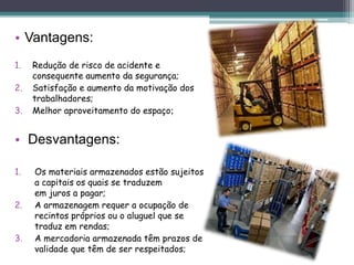• Vantagens:
1. Redução de risco de acidente e
consequente aumento da segurança;
2. Satisfação e aumento da motivação dos
trabalhadores;
3. Melhor aproveitamento do espaço;
• Desvantagens:
1. Os materiais armazenados estão sujeitos
a capitais os quais se traduzem
em juros a pagar;
2. A armazenagem requer a ocupação de
recintos próprios ou o aluguel que se
traduz em rendas;
3. A mercadoria armazenada têm prazos de
validade que têm de ser respeitados;
 