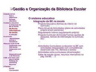 Gestão e Organização da Biblioteca Escolar O sistema educativo Integração da BE na escola Projecto Educativo (formas de intervir no currículo) Plano Anual de Actividades (plano de actividades próprio e/com parcerias) Regulamento Interno (regulamento próprio) Projecto Curricular de Escola/Turmas (guiões de pesquisa, formas de intervenção no currículo, etc) … Actividades Curriculares (a decorrer na BE com actividades relacionadas com competências essenciais das TIC, literacia e outras) Actividades extra-curriculares (dinamização) Salas de estudo (guias, recursos intercativos na pág. Da BE, …) … A escola na S.I. Fins e Objectivos Sucesso educativo O sistema educativo A integração da BE na escola Os fluxos   informativos da escola A colecção  O currículo.   Metodologias activas e inovadoras  Plano de acção da BE Integração com PAA escola Integração com PCT Desenvolvimento de literacias A BE: uma mais-valia para a escola. Políticas de marketing Recursos A Equipa: Equipa Coordenador 