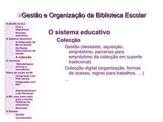 Gestão e Organização da Biblioteca Escolar O sistema educativo Colecção Gestão (desbaste, aquisição, empréstimo, parcerias para empréstimo da colecção em suporte tradicional) Colecção digital (organização, formas de acesso, regras para trabalhos, …) … A escola na S.I. Fins e Objectivos Sucesso educativo O sistema educativo A integração da BE na escola Os fluxos informativos da escola A colecção  O currículo.   Metodologias activas e inovadoras  Plano de acção da BE Integração com PAA escola Integração com PCT Desenvolvimento de literacias A BE: uma mais-valia para a escola. Políticas de marketing Recursos A Equipa: Equipa Coordenador 