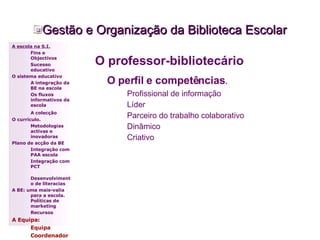 O professor-bibliotecário O perfil e competências .   Profissional de informação Líder Parceiro do trabalho colaborativo Dinâmico Criativo Gestão e Organização da Biblioteca Escolar A escola na S.I. Fins e Objectivos Sucesso educativo O sistema educativo A integração da BE na escola Os fluxos informativos da escola A colecção   O currículo. Metodologias activas e inovadoras  Plano de acção da BE Integração com PAA escola Integração com PCT Desenvolvimento de literacias A BE: uma mais-valia para a escola. Políticas de marketing Recursos A Equipa: Equipa Coordenador 