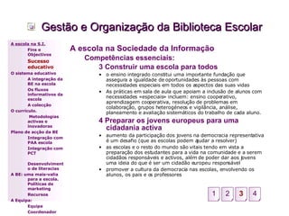 Gestão e Organização da Biblioteca Escolar A escola na Sociedade da Informação Competências essenciais: 3 Construir uma escola para todos o ensino integrado constitui uma importante fundação que assegura a igualdade de oportunidades às pessoas com necessidades especiais em todos os aspectos das suas vidas  As práticas em sala de aula que apoiam a inclusão de alunos com necessidades «especiais» incluem: ensino cooperativo, aprendizagem cooperativa, resolução de problemas em colaboração, grupos heterogéneos e vigilância, análise, planeamento e avaliação sistemáticos do trabalho de cada aluno. 4 Preparar os jovens europeus para uma cidadania activa aumento da participação dos jovens na democracia representativa é um desafio (que as escolas podem ajudar a resolver) as escolas e o resto do mundo são vitais tendo em vista a preparação dos estudantes para a vida na comunidade e a serem cidadãos responsáveis e activos, além de poder dar aos jovens uma ideia do que é ser um cidadão europeu responsável promover a cultura da democracia nas escolas, envolvendo os alunos, os pais e os professores A escola na S.I. Fins e Objectivos Sucesso educativo O sistema educativo A integração da BE na escola Os fluxos informativos da escola A colecção  O currículo.   Metodologias activas e inovadoras  Plano de acção da BE Integração com PAA escola Integração com PCT Desenvolvimento de literacias A BE: uma mais-valia para a escola. Políticas de marketing Recursos A Equipa: Equipa Coordenador 3 4 1 2 