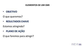 ELEMENTOS DE UM OKR
• OBJETIVO
O que queremos?
• RESULTADOS CHAVE
Estamos atingindo?
• PLANO DE AÇÃO
O que faremos para atingir?
 