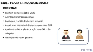 OKR– Papeis e Responsabilidades
OKR COACH
• Ensinam a empresa sobre OKRs;
• Agentes de melhoria contínua;
• Conduzem reunião de check-in semanal;
• Atualizam o percentual de progresso de cada OKR
• Ajudam a elaborar plano de ação para OKRs não
atingidos;
• Ideal que não sejam gestores.
 