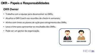 OKR– Papeis e Responsabilidades
OKR Owner
• Trabalha com a equipe para desenvolver os OKRs;
• Atualiza o OKR Coach nas reuniões de check-in semanais;
• Alinha com times os planos de ação para atingimento dos OKRs;
• Leva o time para apresentar os resultados dos OKRs;
• Pode ser um gestor da organização.
 