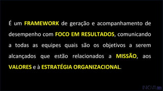 É um FRAMEWORK de geração e acompanhamento de
desempenho com FOCO EM RESULTADOS, comunicando
a todas as equipes quais são os objetivos a serem
alcançados que estão relacionados a MISSÃO, aos
VALORES e à ESTRATÉGIA ORGANIZACIONAL.
 