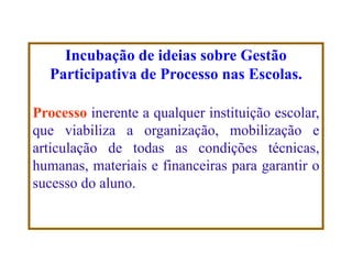 Incubação de ideias sobre Gestão Participativa de Processo nas Escolas. 
Processo inerente a qualquer instituição escolar, que viabiliza a organização, mobilização e articulação de todas as condições técnicas, humanas, materiais e financeiras para garantir o sucesso do aluno. 
 