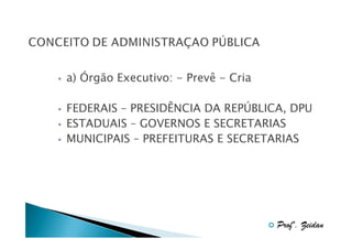 a) Órgão Executivo: - Prevê - Cria
FEDERAIS – PRESIDÊNCIA DA REPÚBLICA, DPU
ESTADUAIS – GOVERNOS E SECRETARIAS
MUNICIPAIS – PREFEITURAS E SECRETARIAS

Profº. Zeidan

 