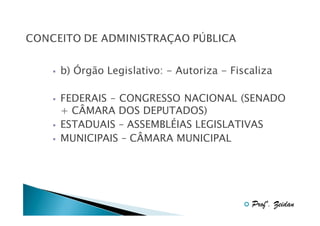b) Órgão Legislativo: - Autoriza - Fiscaliza
FEDERAIS – CONGRESSO NACIONAL (SENADO
+ CÂMARA DOS DEPUTADOS)
ESTADUAIS – ASSEMBLÉIAS LEGISLATIVAS
MUNICIPAIS – CÂMARA MUNICIPAL

Profº. Zeidan

 
