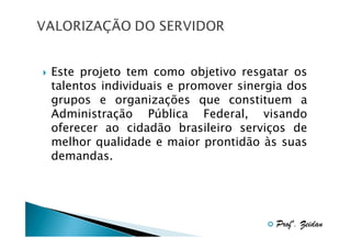 Este projeto tem como objetivo resgatar os
talentos individuais e promover sinergia dos
grupos e organizações que constituem a
Administração Pública Federal, visando
oferecer ao cidadão brasileiro serviços de
melhor qualidade e maior prontidão às suas
demandas.

Profº. Zeidan

 
