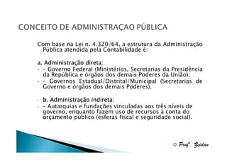 Com base na Lei n. 4.320/64, a estrutura da Administração
Pública atendida pela Contabilidade é:
Administraç
a. Administração direta:
– Governo Federal (Ministérios, Secretarias da Presidência
da República e órgãos dos demais Poderes da União);
– Governos Estadual/Distrital/Municipal (Secretarias de
Governo e órgãos dos demais Poderes).
•
•

Administraç
b. Administração indireta:
– Autarquias e fundações vinculadas aos três níveis de
governo, enquanto fazem uso de recursos à conta do
orçamento público (esferas fiscal e seguridade social).

Profº. Zeidan

 