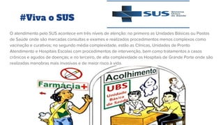 #Viva o SUS
O atendimento pelo SUS acontece em três níveis de atenção: no primeiro as Unidades Básicas ou Postos
de Saúde onde são marcadas consultas e exames e realizados procedimentos menos complexos como
vacinação e curativos; no segundo média complexidade, estão as Clínicas, Unidades de Pronto
Atendimento e Hospitais Escolas com procedimentos de intervenção, bem como tratamentos a casos
crônicos e agudos de doenças; e no terceiro, de alta complexidade os Hospitais de Grande Porte onde são
realizadas manobras mais invasivas e de maior risco à vida.
 