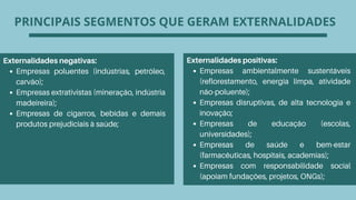 PRINCIPAIS SEGMENTOS QUE GERAM EXTERNALIDADES
Empresas poluentes (indústrias, petróleo,
carvão);
Empresas extrativistas (mineração, indústria
madeireira);
Empresas de cigarros, bebidas e demais
produtos prejudiciais à saúde;
Externalidades negativas:
Empresas ambientalmente sustentáveis
(reflorestamento, energia limpa, atividade
não-poluente);
Empresas disruptivas, de alta tecnologia e
inovação;
Empresas de educação (escolas,
universidades);
Empresas de saúde e bem-estar
(farmacêuticas, hospitais, academias);
Empresas com responsabilidade social
(apoiam fundações, projetos, ONGs);
Externalidades positivas:
 