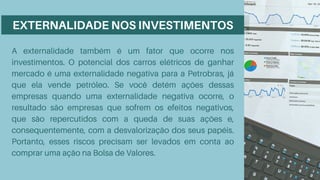 A externalidade também é um fator que ocorre nos
investimentos. O potencial dos carros elétricos de ganhar
mercado é uma externalidade negativa para a Petrobras, já
que ela vende petróleo. Se você detém ações dessas
empresas quando uma externalidade negativa ocorre, o
resultado são empresas que sofrem os efeitos negativos,
que são repercutidos com a queda de suas ações e,
consequentemente, com a desvalorização dos seus papéis.
Portanto, esses riscos precisam ser levados em conta ao
comprar uma ação na Bolsa de Valores.
EXTERNALIDADE NOS INVESTIMENTOS
 