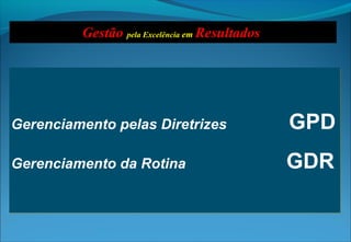 Gerenciamento pelas Diretrizes GPD
Gerenciamento da Rotina GDR
Gerenciamento pelas Diretrizes GPD
Gerenciamento da Rotina GDR
Gestão pela Excelência em Resultados
 