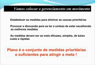 Estabelecer as medidas para eliminar as causas prioritárias
Provocar a discussão para se ter a certeza de estar escolhendo
as melhores medidas
As medidas devem ser as mais eficazes, simples, de baixo
custo e rápidas
Plano é o conjunto de medidas prioritárias
e suficientes para atingir a meta !
Vamos colocar o gerenciamento em movimento
 