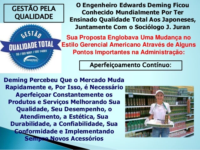 GESTÃO PELA
QUALIDADE
O Engenheiro Edwards Deming Ficou
Conhecido Mundialmente Por Ter
Ensinado Qualidade Total Aos Japone...