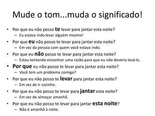 Mude o tom...muda o significado!
• Por que eu não posso te levar para jantar esta noite?
   – Eu estava indo levar alguém mesmo!
• Por que eu não posso te levar para jantar esta noite?
   – Em vez da pessoa com quem você estava indo.
• Por que eu não posso te levar para jantar esta noite?
   – Estou tentando encontrar uma razão para que eu não deveria levá-lo.
• Por que eu não posso te levar para jantar esta noite?
   – Você tem um problema comigo?
• Por que eu não posso te levar para jantar esta noite?
   – Em vez de ir sozinho.
• Por que eu não posso te levar para jantar esta noite?
   – Em vez de almoçar amanhã.
• Por que eu não posso te levar para jantar esta noite?
   – Não é amanhã à noite.
 