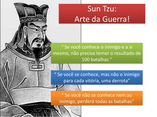 Sun Tzu:
         Arte da Guerra!


   “ Se você conhece o inimigo e a si
mesmo, não precisa temer o resultado de
             100 batalhas ”

“ Se você se conhece, mas não o inimigo
     para cada vitória, uma derrota”

   “ Se você não se conhece nem ao
  inimigo, perderá todas as batalhas”
 