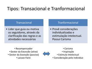 Tipos: Transacional e Tranformacional

         Transacional                    Tranformacional

• Lider que guia ou motiva        • Provê considerações
  os seguidores, através da         individualizadas e
  clarificação das regras e as      estimulação intelectual.
  atividades necessárias            Possui Carisma


        • Recompensador                        • Carisma
   • Gestor da Excessão (ativo)               • Inspiração
 • Gestor da Excessão (passivo)         • Estimulo Intelectual
          • Laissez-Faire           • Consideração pelo individuo
 
