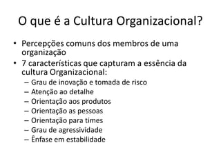 O que é a Cultura Organizacional?
• Percepções comuns dos membros de uma
  organização
• 7 características que capturam a essência da
  cultura Organizacional:
  –   Grau de inovação e tomada de risco
  –   Atenção ao detalhe
  –   Orientação aos produtos
  –   Orientação as pessoas
  –   Orientação para times
  –   Grau de agressividade
  –   Ênfase em estabilidade
 