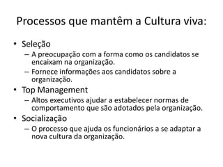 Processos que mantêm a Cultura viva:
• Seleção
  – A preocupação com a forma como os candidatos se
    encaixam na organização.
  – Fornece informações aos candidatos sobre a
    organização.
• Top Management
  – Altos executivos ajudar a estabelecer normas de
    comportamento que são adotados pela organização.
• Socialização
  – O processo que ajuda os funcionários a se adaptar a
    nova cultura da organização.
 