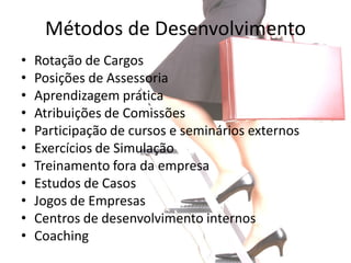Métodos de Desenvolvimento
•   Rotação de Cargos
•   Posições de Assessoria
•   Aprendizagem prática
•   Atribuições de Comissões
•   Participação de cursos e seminários externos
•   Exercícios de Simulação
•   Treinamento fora da empresa
•   Estudos de Casos
•   Jogos de Empresas
•   Centros de desenvolvimento internos
•   Coaching
 