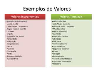 Exemplos de Valores
      Valores Instrumentais             Valores Terminais
• Ambição (trabalho duro)      • Vida Confortável
• Mente-aberta                 • Vida Ativa e Excitante
• Capacidade e Competência     • Senso de Dever Cumprido
• Alegria e estado espiríto    • Mundo em Paz
• Coragem                      • Beleza no Mundo
• Empatia                      • Igualdade
• Disposição par ajudar        • Segurança Familiar
• Honestidade                  • Liberdade
• Imaginação                   • Felicidade
• Independência                • Harmonia Interior
• Logica                       • Amor maduro
• Passional                    • Segurança Nacional
• Obediência                   • Prazer
• Polidez                      • Salvação
• Rensponsabilidade            • Auto-respeito
• Auto-Controle                • Reconhecimento Social
                               • Amizades Verdadeiras
                               • Sabedoria
 