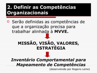 Serão definidas as competências de que a organização precisa para trabalhar alinhada à  MVVE. MISSÃO, VISÃO, VALORES, ESTRATÉGIA Inventário Comportamental para Mapeamento de Competências (desenvolvido por Rogerio Leme) 2. Definir as Competências Organizacionais Profa. Isabela Lemos Arteiro isabelalemos@gmail.com  